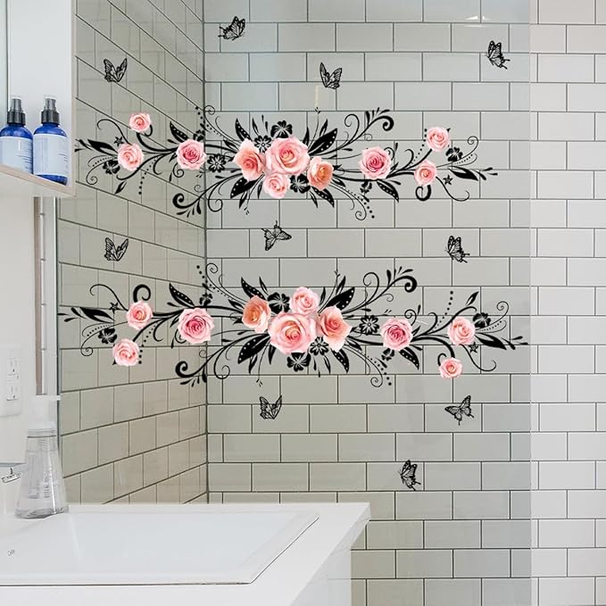 3D Wall Stickers DIY Flower Wall Decal Removable Waterproof Wall Art Decor for Bedroom Living Room Offices Home Decoration (Black Pink Rose)