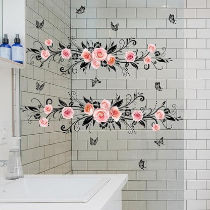 3D Wall Stickers DIY Flower Wall Decal Removable Waterproof Wall Art Decor for Bedroom Living Room Offices Home Decoration (Black Pink Rose)