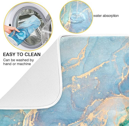 Marble Dish Drying Mat for Kitchen Counter Blue Teal Turquoise Gold Drying Mat 18 x 24 Inch with High Absorbent Reversible Microfiber Dish Drying Pad Dish Rack Pad Drainer Mat for Coffee Bar