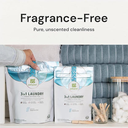 Grab Green Natural 3 in 1 Laundry Detergent Pods, Free & Clear/Unscented, 24 Loads, Fragrance Free, Organic Enzyme-Powered, Plant & Mineral-Based, 13.5 Ounce, 24 Count