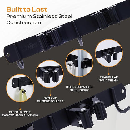 Heavy-Duty Stainless-Steel Broom Holder Wall Mount with 3 Racks and 4 Hooks | Waterproof Mop and Broom Hanger | Adjustable, Garage & Garden Tool Organizer | Black