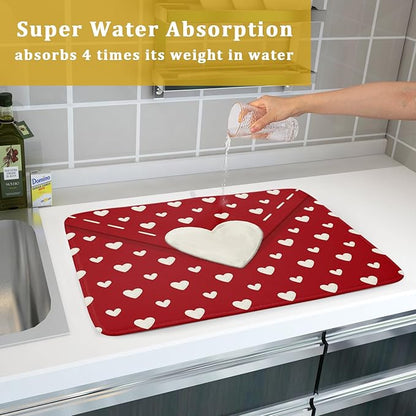 Valentines Day Dish Drying Mat for Kitchen Counter 18x24 Cream Red Love Heart Valentines Holiday Themed Absorbent Reversible Microfiber Drying Mats Kitchen Countertop Protector Dishes Drainer Pad