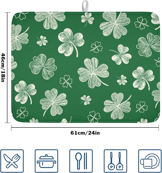 St Patrick's Day Dish Drying Mat 18 x 24 Inch Green Shamrock Dish Drainer Rack Mat Absorbent Microfiber Mats for Spring Lucky Clovers Dish Pad for Kitchen Coffee Bar Decor