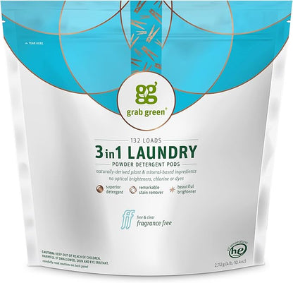 Grab Green 3-in-1 Laundry Detergent Pods, Fragrance Free, Plant and Mineral Based, Superior Cleaning Power, Stain Remover, Brightens Clothes, White, 132 Count