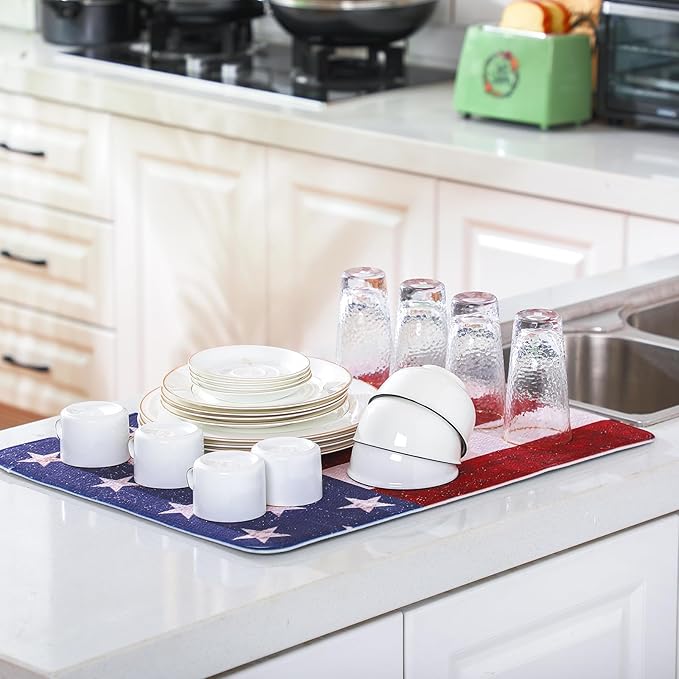 SiliFine 2 Pcs Memorial Day Dish Drying Mat for Kitchen 18 x 24 Inch 4th of July 250th Anniversary USA Patriotic Red White Blue Independence Day Star Microfiber Drainer Mat for Countertop