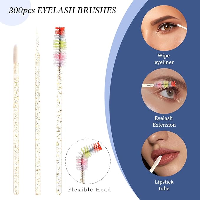 300 PCS Eyelash Extension Supplies Kit, Disposable Micro Applicator,Crystal Eyebrow Spoolie Lash Brush, Lip Gloss Brush, Mascara Wand Applicator(colorful+gold)