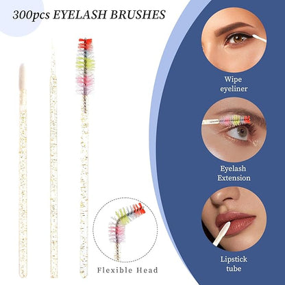 300 PCS Eyelash Extension Supplies Kit, Disposable Micro Applicator,Crystal Eyebrow Spoolie Lash Brush, Lip Gloss Brush, Mascara Wand Applicator(colorful+gold)