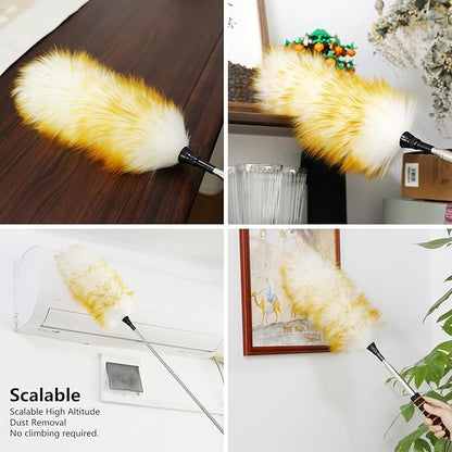 Lambswool Extendable Cleaning Duster 26-64 Inch, Anti-Static Wall Duster Cleaner with Sponge Grip and Stainless Steel Extension Pole for High Ceiling Fan, Interior, and Roof Dusting - Yellow & White