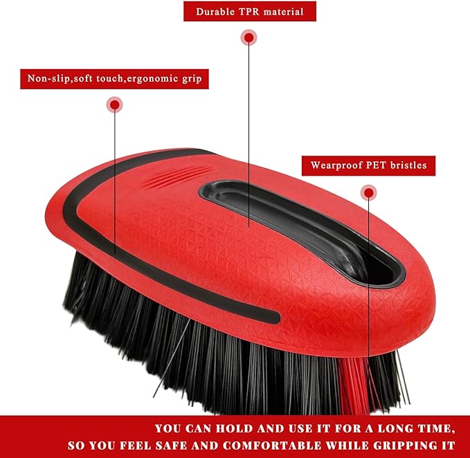 Carpet and Upholstery Cleaning Brush, Stiff Bristle Detailing Scrubber for Car Interior & Home, Portable Ergonomic Scrub Brushes for Floor Mat Carpet Leather Seat Couch (Red)