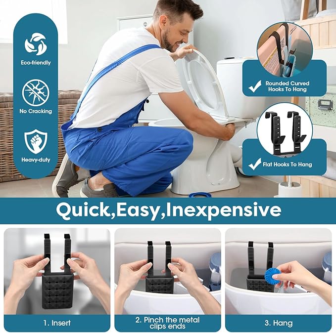 2Pcs Adjustable Toilet Tank Tablet Holder-Hanging Silicone Basket Carrier with Rustproof Hooks for Bowl Cleaner & Bleach Tablet Hanger Pouch Organizer, Accessory Fit Up to 7"Water Level