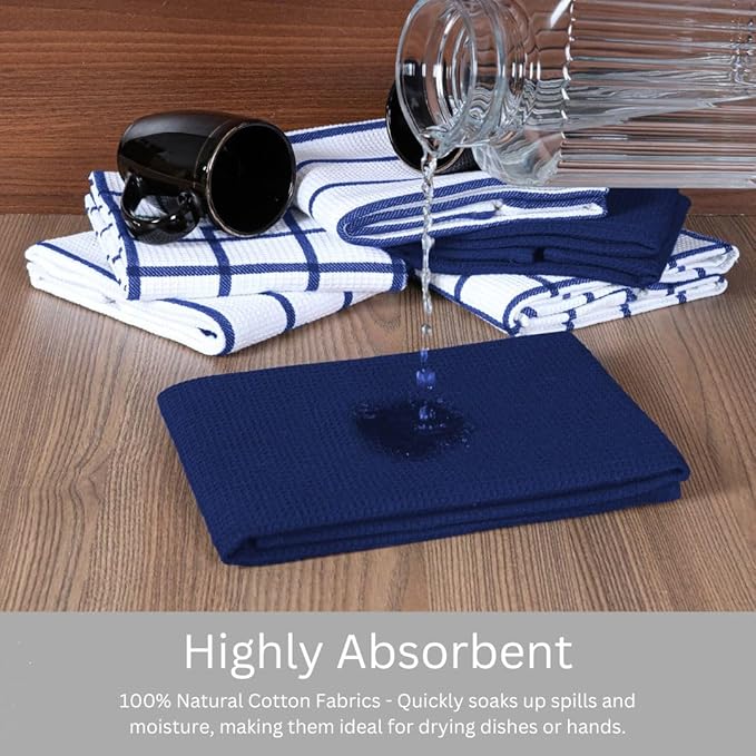 Assorted Waffle Kitchen Towels 100% Cotton Set of 6 - Heavy Duty 320 GSM Quality Dish Cloths Towel - Soft Absorbent Washable for Kitchen Use - Quick Drying Dish Towel 16x26 inch Blue