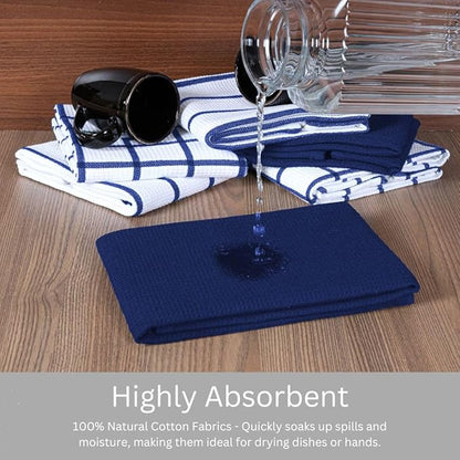 Assorted Waffle Kitchen Towels 100% Cotton Set of 6 - Heavy Duty 320 GSM Quality Dish Cloths Towel - Soft Absorbent Washable for Kitchen Use - Quick Drying Dish Towel 16x26 inch Blue