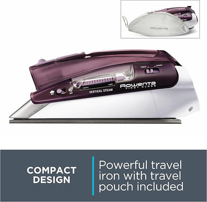 Rowenta Travel Iron, Pro Compact Stainless Steel Soleplate Hand Held Steamer Iron for Clothes, 200 Microsteam Holes, 1000 Watts Ironing, Fabric Steamer, Dual Voltage, Mini Iron, Purple, DA1560