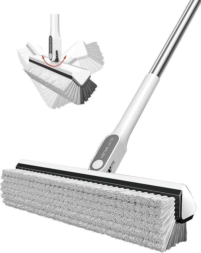 V-Shape Floor Scrub Brush with Long Handle, 180° Swivel Stiff Bristle Shower & Grout Cleaner Brush, Heavy-Duty Bathroom and Floor Cleaning Tool with 51" Stainless Steel Handle