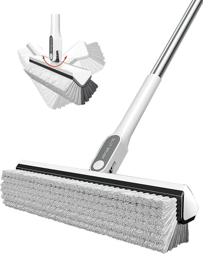 V-Shape Floor Scrub Brush with Long Handle, 180° Swivel Stiff Bristle Shower & Grout Cleaner Brush, Heavy-Duty Bathroom and Floor Cleaning Tool with 51" Stainless Steel Handle
