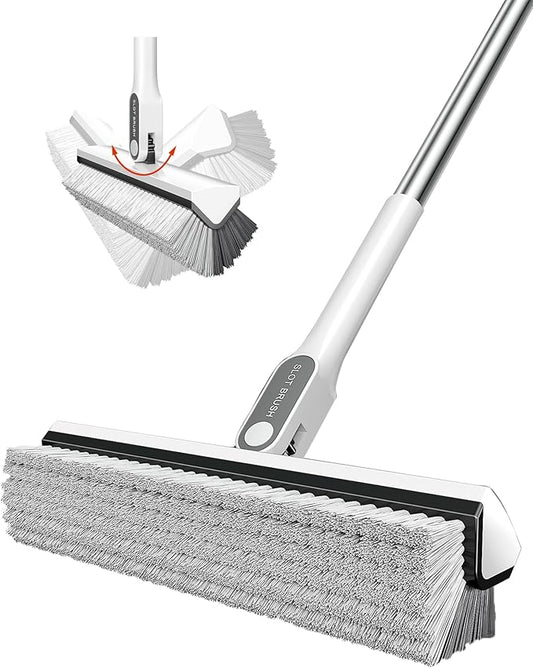 V-Shape Floor Scrub Brush with Long Handle, 180° Swivel Stiff Bristle Shower & Grout Cleaner Brush, Heavy-Duty Bathroom and Floor Cleaning Tool with 51" Stainless Steel Handle