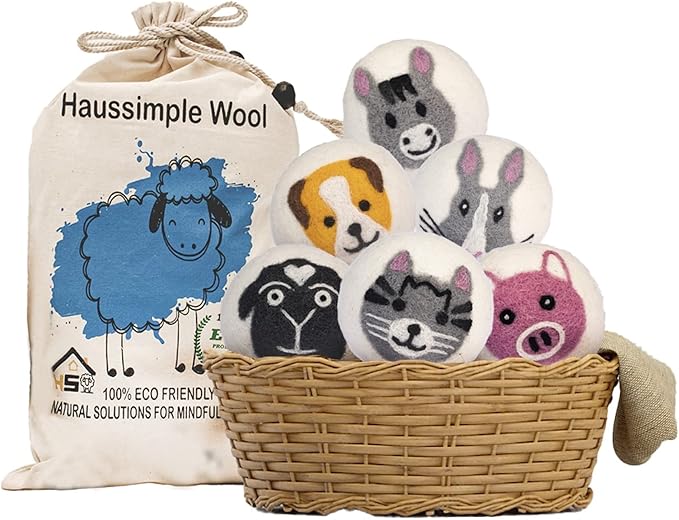 Wool Dryer Balls 6-Pack 100% Natural New Zealand Wool, Handmade in Nepal Reusable Laundry Balls, Faster Drying, Softer Clothes, Anti-Static, Dryer Sheets Alternative (Farm)