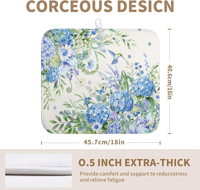 Blue Hydrangea Dish Drying Mat for Kitchen Counter 16 x 18 Inch Spring Floral Hummingbird Butterfly Absorbent Microfiber Dish Mat Reversible Washable Heat Resistant Dry Pad for Coffee Bar