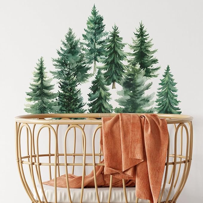 Watercolor Pine Tree Wall Decals Green Pine Tree Wall Sticker Forest Nature Woodland Home Decor for Nursery Bedroom Living Room
