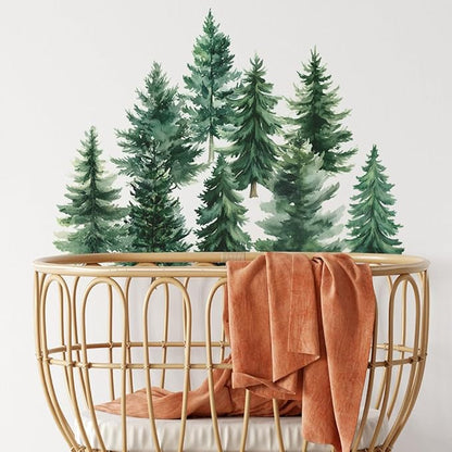 Watercolor Pine Tree Wall Decals Green Pine Tree Wall Sticker Forest Nature Woodland Home Decor for Nursery Bedroom Living Room