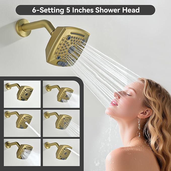 3 Handle Shower Faucet Set with Tub Spout 6-Spray Shower Head and Handle Set Shower Trim Kit with Rough-in Valve Bathroom Shower Faucet Valve Trim Kit Shower System Brushed Gold