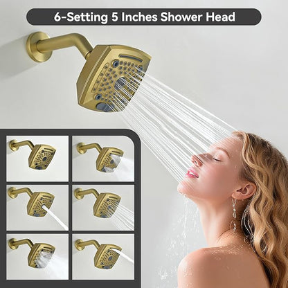 2 Handle Shower Faucet Set 6-Spray Shower Head and Handle Set Shower Trim Kit with Rough-in Valve Bathroom Shower Faucet Valve Trim Kit Brushed Gold