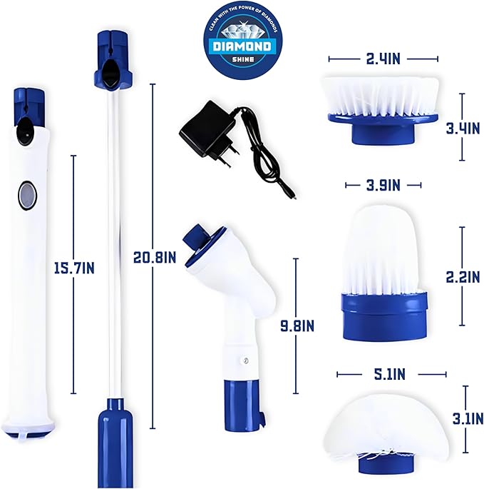 Diamond Shine Power Scrubber - Electric Spin Scrubber - Rotary Powered Scrubbing Brush - Grout, Tile, Floors, Bathtubs, Showers, Sinks, Toilets - 3 Brush Heads