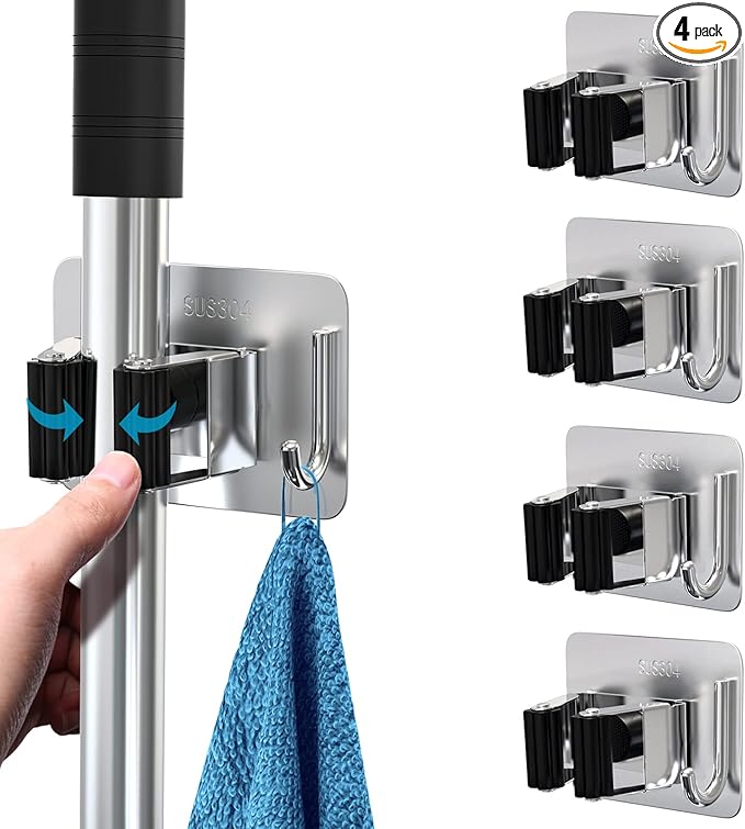 homeasy Mop Broom Holder No Drill, Mop Broom Organizer Wall Mounted Heavy Duty with Hooks Hanger, Self Adhesive Stainless Steel 4Pcs for Bathroom, Kitchen, Office (Multicolor)