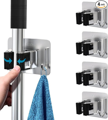 homeasy Mop Broom Holder No Drill, Mop Broom Organizer Wall Mounted Heavy Duty with Hooks Hanger, Self Adhesive Stainless Steel 4Pcs for Bathroom, Kitchen, Office (Multicolor)
