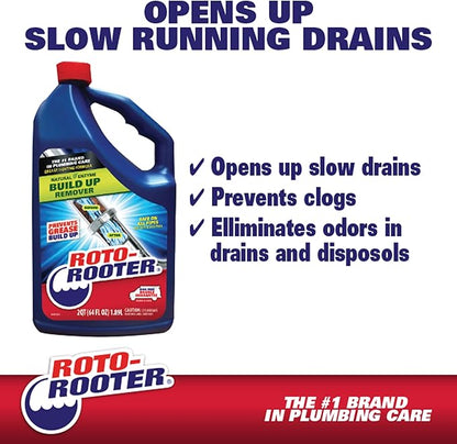 Roto-Rooter Build-Up Remover Drain Cleaner, Enzyme-Based Formula Helps Prevent Clogs and Grease Buildup, Removes Odor, Safe for Septic Systems, Pipes, Toilets, Drains and Sinks, 64 oz