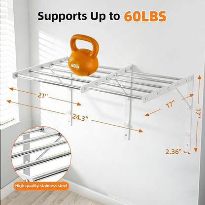 Wall Mounted Clothes Drying Rack, 24'' Retractable Foldable Laundry Drying Rack with 5 Stainless Steel Rods, Space Saving & Easy Installation for Laundry Bathroom Apartments-White