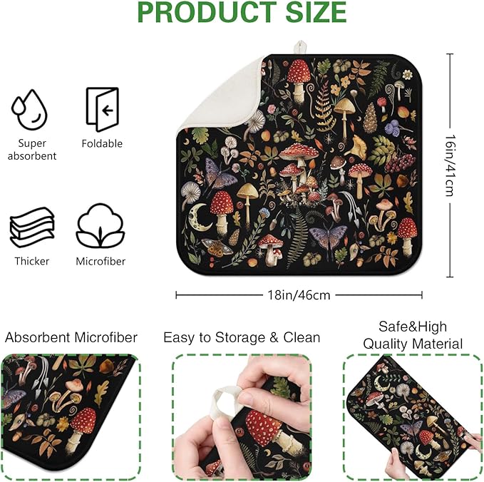 Dish Drying Mat Drainer Pads - Extra Large Microfiber Drying Mats for Dishes Kitchen Counter Super Absorbent Pads for Draining Racks (Black,16"x18" )
