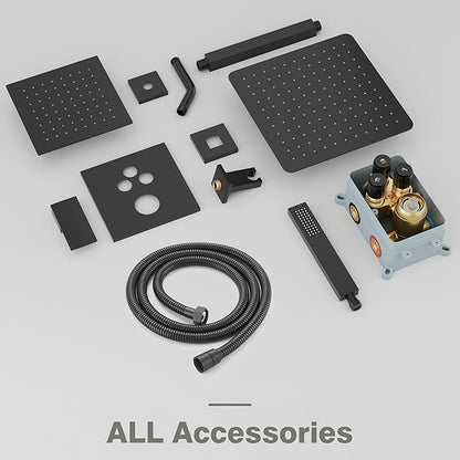 Black Shower System, Shower Faucet Set with 3 In 1 Push Button Valve, Shower Faucet included 10" Ceiling Shower Head and 8" Wall-Mount Shower Head with Handheld Spray, Matte Black
