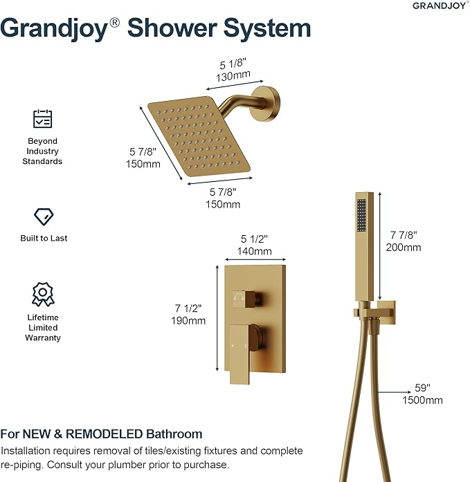 2-Spray Pattern 6 in.Square Shower head with Single Handle Shower Handheld Faucet 2.5 GPM in Brushed Gold
