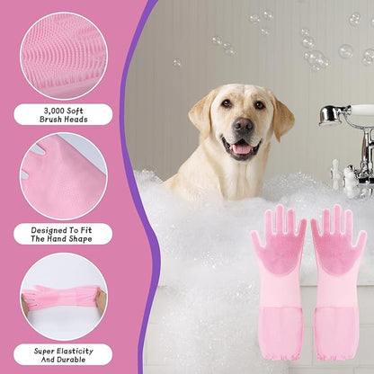 Silicone Pet Bathing Gloves with Finger Toothbrush – 2-in-1 Grooming & Deshedding Gloves for Cats, Dogs, Rabbits – Extended Design for Easy Cleaning & Massage(Pink)