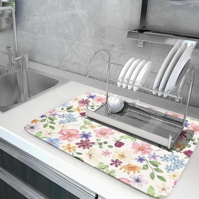 Spring Floral Dish Drying Mat for Kitchen Counter 18x24 Easter Green Pink Purple Blue Cute Flower Print Absorbent Reversible Microfiber Drying Mats Kitchen Countertop Protector Dishes Drainer Pad