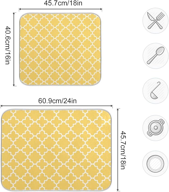 Super Absorbent Dish Drying Mat, Microfiber Fast-Drying Dish Mat, 16" x 18", Kitchen Dish Drying Pad, Quatrefoil Lattice Yellow Pattern
