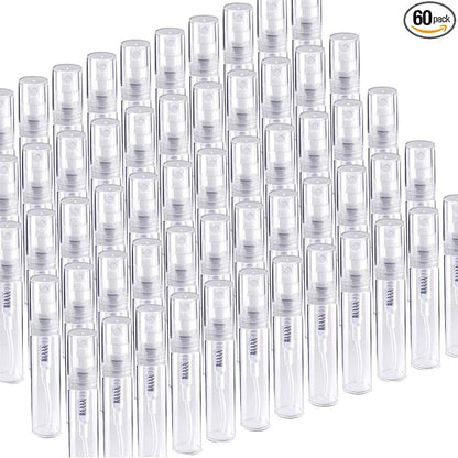 Fandamei 60 Pack 3ml Mini Spray Bottle, Clear Plastic Empty Cute Perfume Atomizer Bottle for Cleaning, Travel, Essential Oils, Perfume.