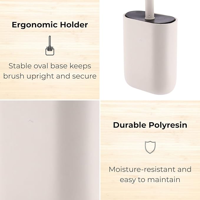 Oval Beige Toilet Brush and Holder Set - Minimalist Polyresin Base, Stainless Steel Handle, Silicone Head - Japandi Collection