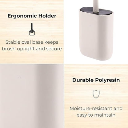 Oval Beige Toilet Brush and Holder Set - Minimalist Polyresin Base, Stainless Steel Handle, Silicone Head - Japandi Collection