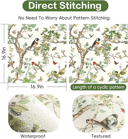 Nukofal Vintage Bird Peel and Stick Wallpaper Floral Bird Contact Paper 16.9inch x 590.5inch Leaf Floral Wallpaper Peel and Stick Boho Self Adhesive Removable Wall Paper for Bathroom Wall Decorative