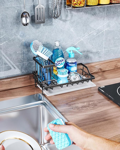 Consumest Sink Caddy, Kitchen Sponge Holder with Dish Brush Holder, Kitchen Sink Organizer with Drip Tray for Countertop Stainless Steel Rustproof, Black-Large