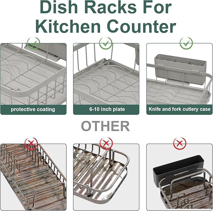 LIYI Dish Drying Rack, Adjustable Spout Design,Kitchen Dish Racks,Made of Iron Material,with Removable Draining Board,Suitable for Kitchen and Caravan Use Scenarios,Grey