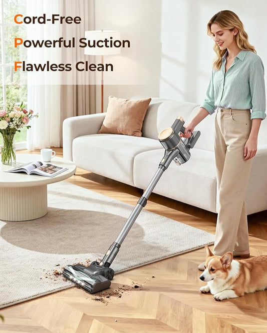 N8 Cordless Vacuum Cleaner,Lightweight Stick Vacuum with Powerful Suction,2200mAh Battery,40 Mins Runtime,Self-Standing, Rechargeable Vacuum Cleaners for Home Hardwood Floor Carpet Pet Hair (Honey)