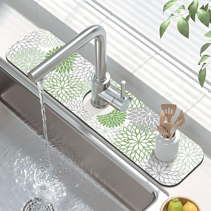 Findosom 2PCS 12" x 20" Dish Drying Mat & 24" x 5.5" Sink Splash Guard, Super Absorbent & Cuttable Dish Mat Drying Kitchen Mat with Green Floral, Hide Stain Drying Mat for Kitchen Counter