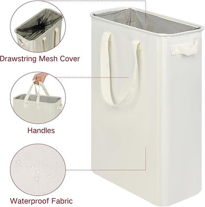 efluky Slim Laundry Basket, Narrow Laundry Hamper with Handles, Collapsible Dirty Clothes Hamper, Tall Laundry Bin for Laundry Room, Dorm and Bedroom, 19.8 Gallon (75L) Beige (Pack of 2)