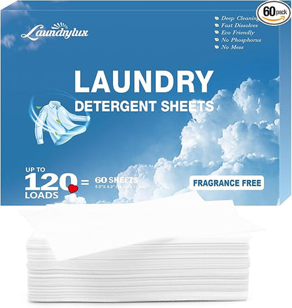 Laundry Detergent Sheet, Eco-Friendly & Hypoallergenic Wash Strips, Natural Ingredients, Ultra-Concentrated, Travel-Ready, No Plastic Jug- Unscented, (120 Loads) 60 Sheets