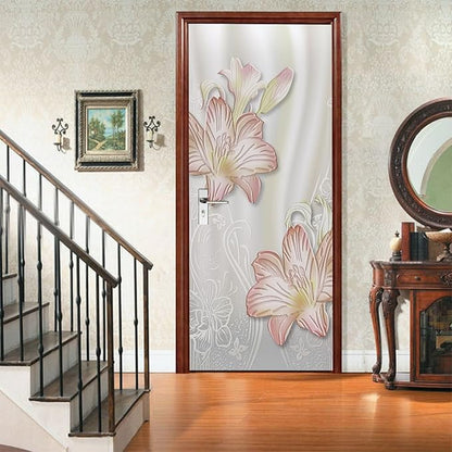 A.Monamour 3D Door Stickers for Interior Doors Lilies Floral Background Vinyl Waterproof Self Adhesive Door Mural Decals for Bedroom Office Bathroom 77x200cm