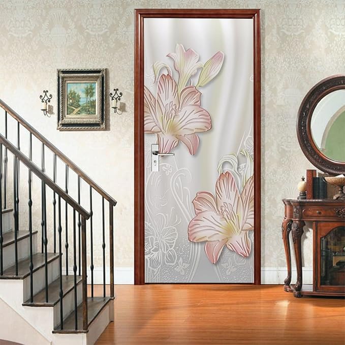 A.Monamour 3D Door Stickers for Interior Doors Lilies Floral Background Vinyl Waterproof Self Adhesive Door Mural Decals for Bedroom Office Bathroom 85x215cm