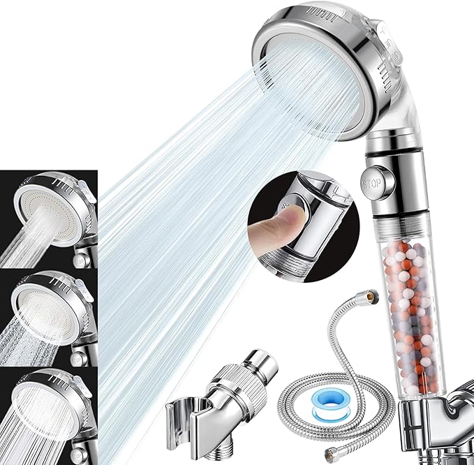 High Pressure Handheld Shower Head with Filter, Shower Head Kits with Hose and Bracket, Hard Water Softener Water Purifying Filtered Showerheads with Filter Beads